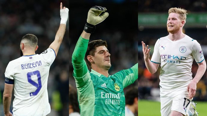 Los jugadores del Real Madrid Karim Benzema y Thibaut Courtois y el futbolista del Manchester City Kevin De Bruyne.