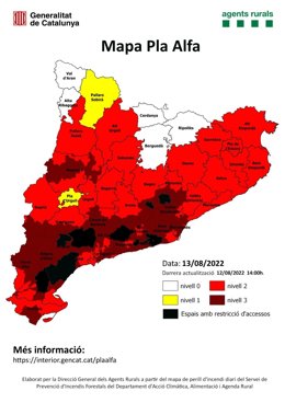 Mapa de risc d'incendis a Catalunya per al dissabte 13 d'agost