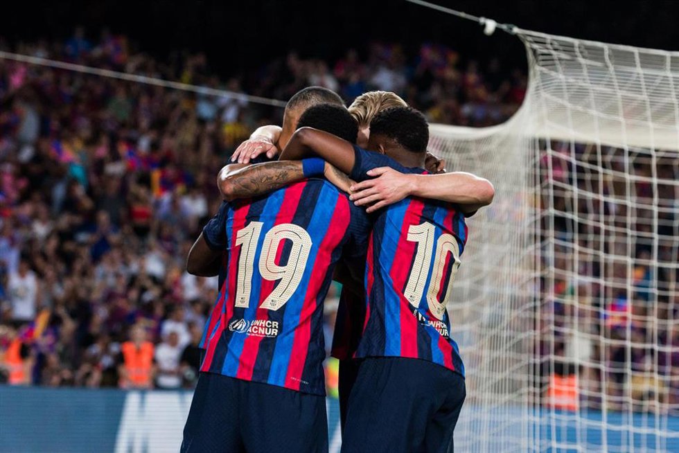 Pierre-Emerick Aubameyang of FC Barcelona celebrates a goal during the Joan Gamper Trophy match between FC Barcelona and Pumas UNAM at Spotify Camp Nou on August 07, 2022 in Barcelona, Spain.