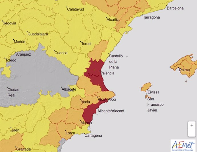 Mapa de avisos en rojo previsto para este sábado