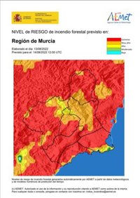 El nivel de riesgo de incendio forestal previsto para este domingo es extremo o muy alto en la Región de Murcia