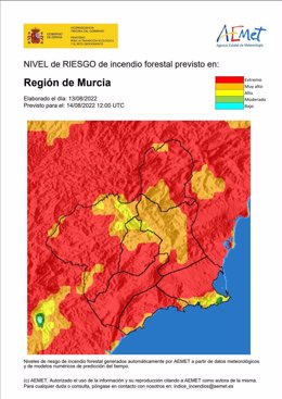 Nivel de riesgo forestal previsto para el domingo 14 de agosto de 2022 en la Región de Murcia