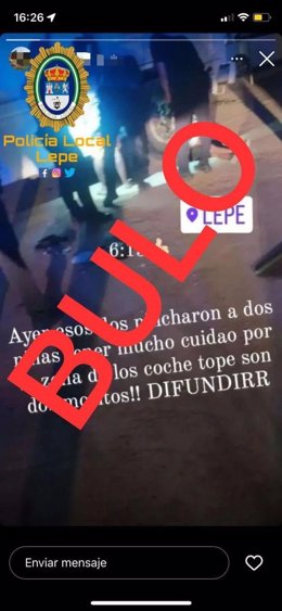 Imagen del desmentido de la Policía Local de Lepe (Huelva), publicado en redes sociales.