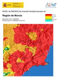 El nivel de riesgo de incendio forestal previsto para este lunes es extremo en la mayor parte de la Región de Murcia