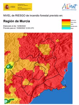 Nivel de riesgo de incendio forestal previsto en la Región de Murcia para el lunes 15 de agosto de 2022 por la Agencia Estatal de Meteorología (Aemet)