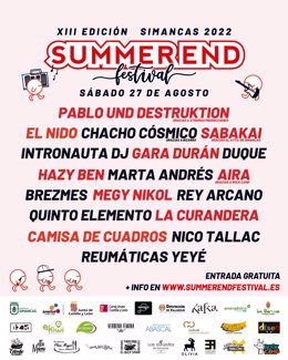 Cartel promocional del Summer End de Simancas (Valladolid) retoma su formato original con entrada gratuita, cuatro escenarios y 18 artistas