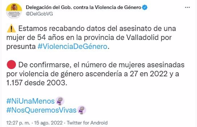 Captura del tuit de la Delegación del Gobierno contra la Violencia de Género.