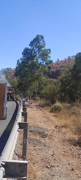 Efectivos del Infoca intervienen para evitar que las llamas pasen a zona forestal tras un incendio de un vehículo en Casabermeja