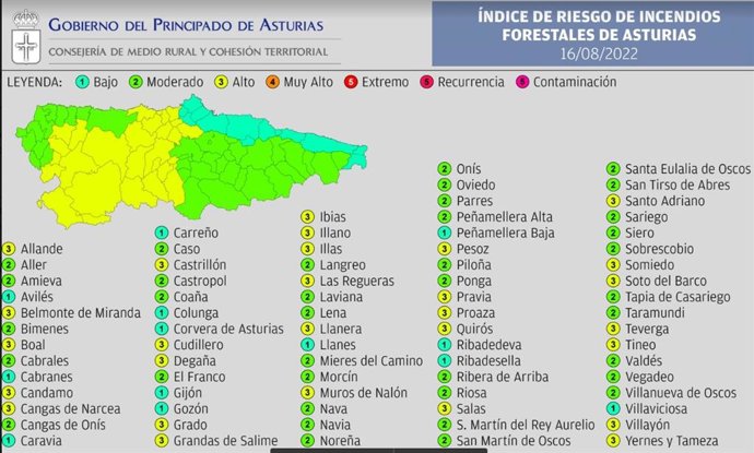 Indice de riesgo de incendio forestal para el martes 16 de agosto.