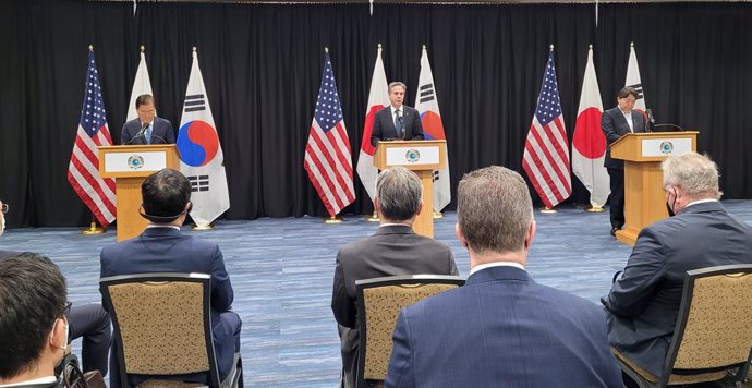 Archivo - Los ministros de Exteriores de Corea del Sur (Chung Eui-yong), Estados Unidos (Antony Blinken) y Japón (Yoshimasa Hayashi) en Honolulu.
