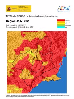 Nivel de riesgo de incendio forestal previsto para el 16 de agosto de 2022 en la Región de Murcia