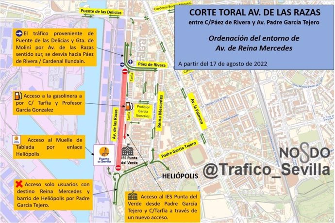 Plano de la reordenación del tráfico por el corte en la avenida de Las Razas. 