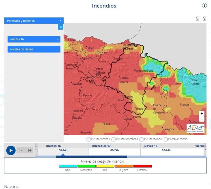 Niveles del riesgo de incendio en Navarra.