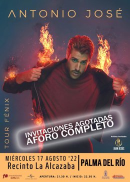 Cartel del concierto de Antonio José en su tierra natal, Palma del Río, con 3.800 entradas gratis agotadas.