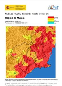 El nivel de riesgo de incendio forestal previsto para este miércoles es extremo en el litoral, Guadalentín y Vega Alta