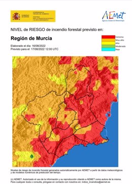 Nivel de riesgo de incendio forestal previsto para el 17 de agosto de 2022 en la Región de Murcia