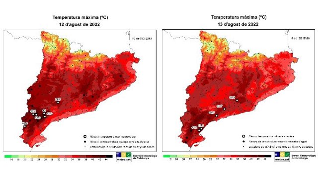 Mapa de temperatures a Catalunya el 12 i 13 d'agost del 2022