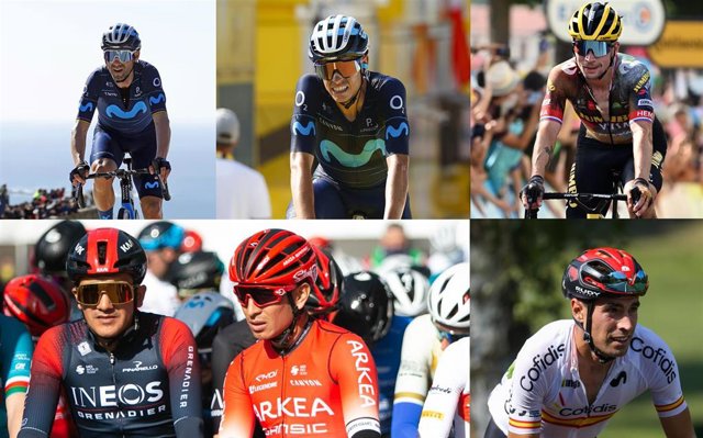 Alejandro Valverde, Enric Mas, Primoz Roglic, Richard Carapaz, Nairo Quintana y Mikel Landa (de izquierda a derecha y de arriba a abajo); grandes nombres para La Vuelta 22
