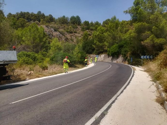 Brigadas de la Diputación de Alicante intensifican el desbroce y limpieza de la red viaria provincial para facilitar la circulación de camiones y vehículos de emergencias