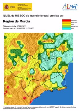 Nivel de riesgo de incendio forestal previsto para el 18 de agosto de 2022 en la Región de Murcia