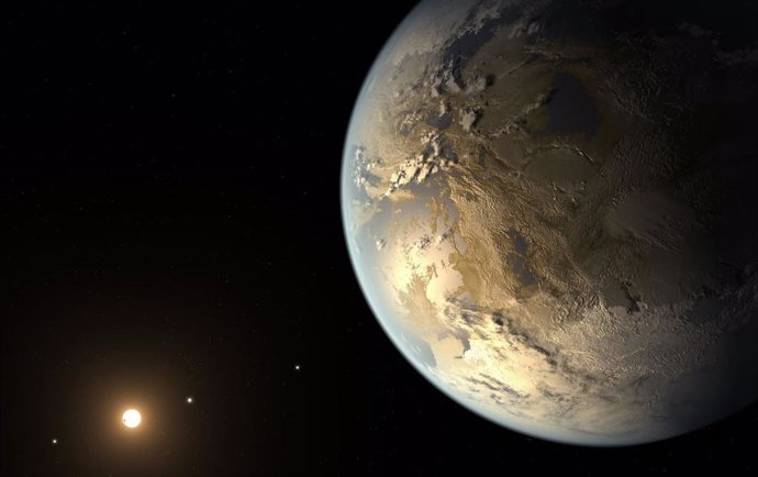 Concepto artístico de Kepler-186f, un exoplaneta del tamaño de la Tierra que orbita una estrella enana roja en la constelación Cygnus.