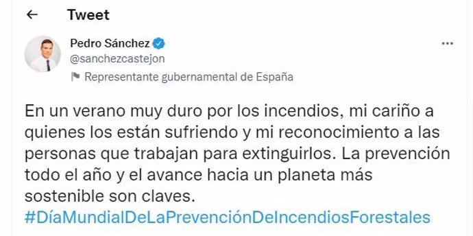 Mensaje de Pedro Sánchez en  Twitter.