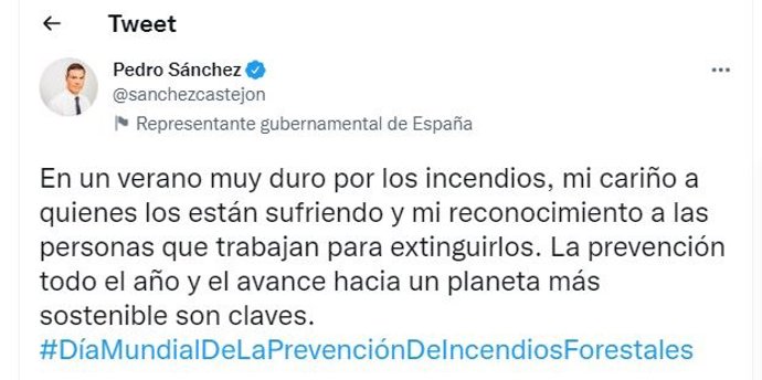 Mensaje de Pedro Sánchez en  Twitter.