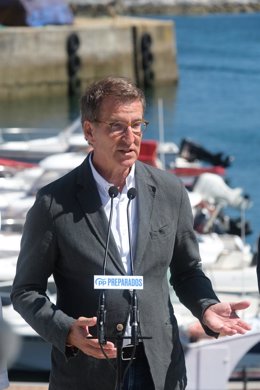 El presidente del Partido Popular, Alberto Núñez Feijóo, interviene en el puerto durante su visita a Porto do Son.