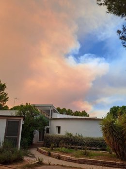 Humo generado por el incendio forestal de Bejís (Castellón) visto desde Estivella (Valencia)