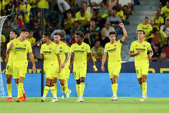 Gerard Moreno of Villarreal celebrates a goal with teammates during the UEFA Conference League, football match played between Villarreal CF and Hajduk Split at the Ceramica Stadium on August 18, 2022, in Castellon, Spain.
