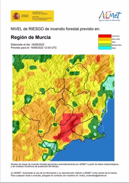 Nivel de riesgo de incendio forestal previsto para el 19 de agosto de 2022 en la Región de Murcia