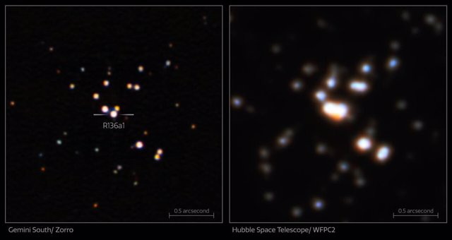 Comparación de la imagen de la estrella más masiva conocida con Gemini Sur y con Hubble (derecha)
