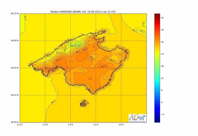 Mapa de temperaturas en Mallorca.