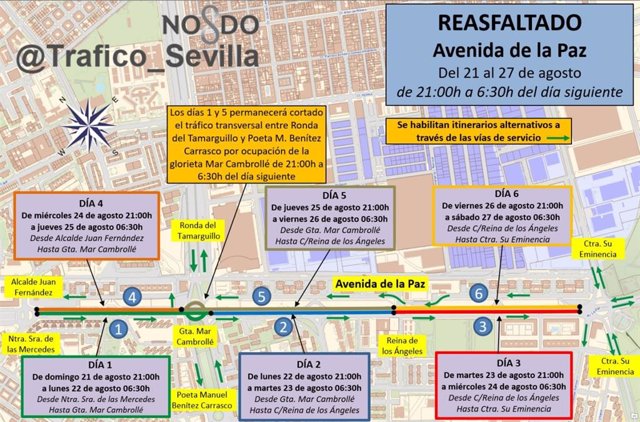 Mapa con los cortes que se efectuarán ya que las obras de repavimentación de la avenida de La Paz se harán por tramos.