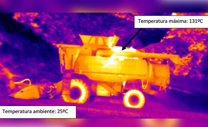 Imagen térmica de la temperatura alcanzada en el interior de una cosechadora en el momento de arrancar para trabajar (Imagen cedida).