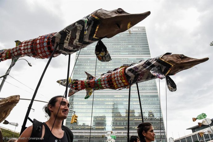 People protest in front of the United Nations building on August 18, 2022 in New York City.