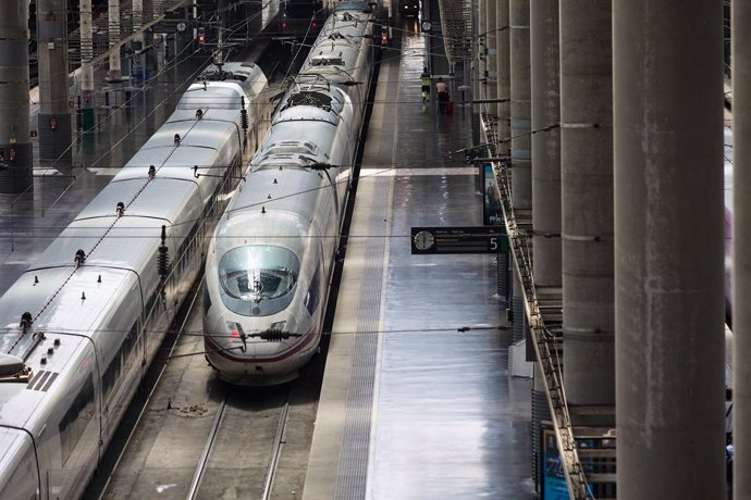 Varios trenes estacionados en la estación de Ave Madrid - Puerta de Atocha, a 12 de agosto de 2022, en Madrid (España). 