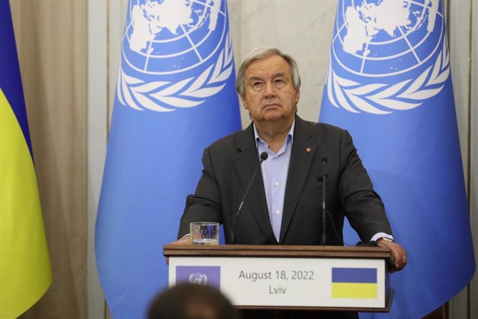 António Guterres, secretario general de la ONU, en una comparecencia en Leópolis