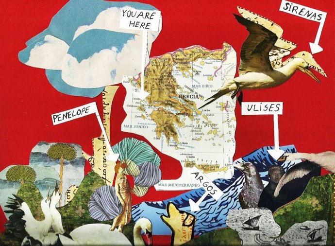 Collage que ilustra el texto ganador del concurso de microrrelatos postales, titulado 'Ítaca', de Ana de Santos.