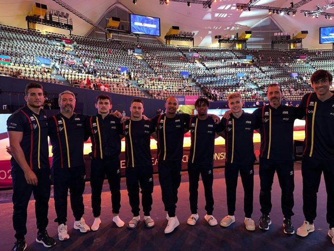 El equipo español masculino de gimnasia artística, en el Europeo de Múnich