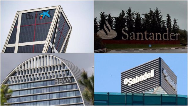 Archivo - Logos de CaixaBank, Banco Santander, BBVA y Banco Sabadell