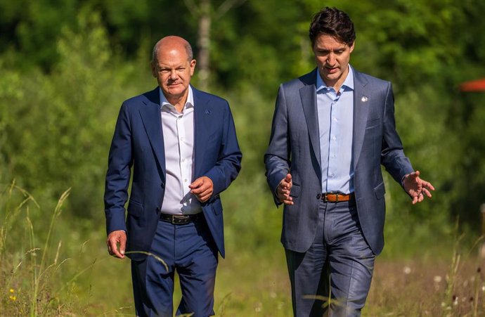 Archivo - El canciller alemán, Olaf Scholz, y el primer ministro canadiense, Justin Trudeau 