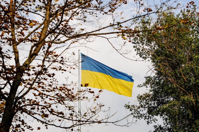 A tremendous Ukrainian national flag flutters in the breeze in the Ukrainian city of Kharkiv, amid the Russian invasion of Ukraine. Moscow continues to bear down on Ukraine with ferocity especially in Donetsk, Luhansk and Kharkiv.