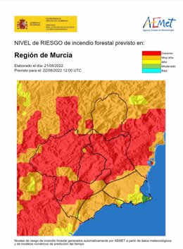 Nivel de riesgo de incendio forestal previsto para el 22 de agosto de 2022 en la Región de Murcia