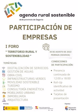 Cartel del evento que la Diputación de Segovia y Cámara de Comercio organizan el 30 de agosto el I Foro 'Territorio y sostenibilidad' en Pedraza