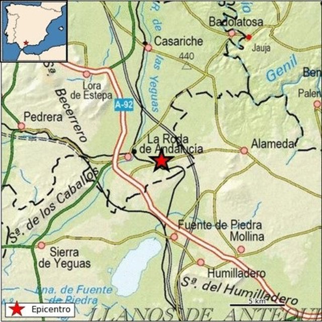 Mapa del epicentro de un terremoto en La Roda de Andalucía