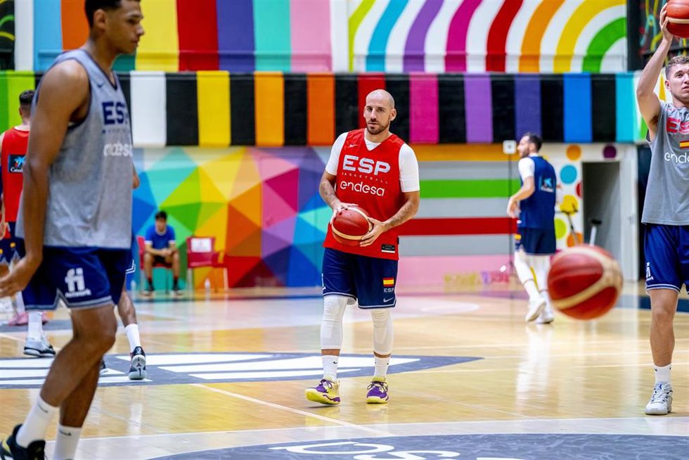 Quino Colom durante un entrenamiento de la selección española en la Movistar Academy Magariños.