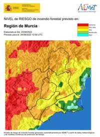 El nivel de riesgo de incendio forestal previsto para este miércoles es muy alto o alto en gran parte de la Región