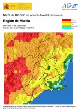 Nivel de riesto de incendio forestal previsto para el 24 de agosto de 2022 en la Región de Murcia