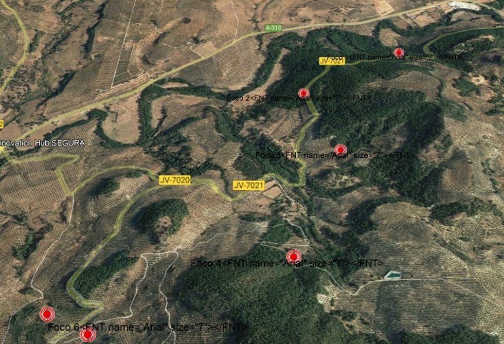 Mapa con la distribución de los seis focos del incendio que llevan a pensar en un incendio intencionado
